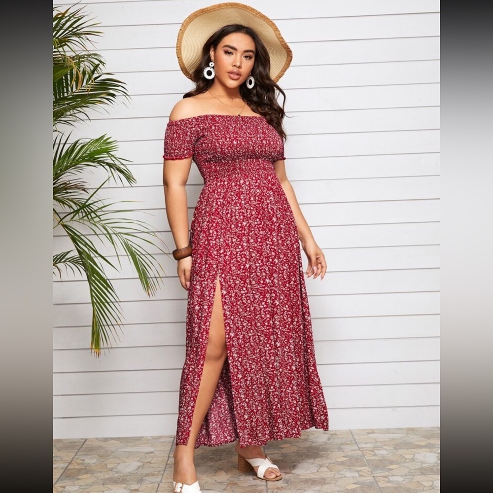 SHEIN Plus Off-Shoulder Smocked Ditsy Floral Red Maxi Dress Boho Summer 0X/12